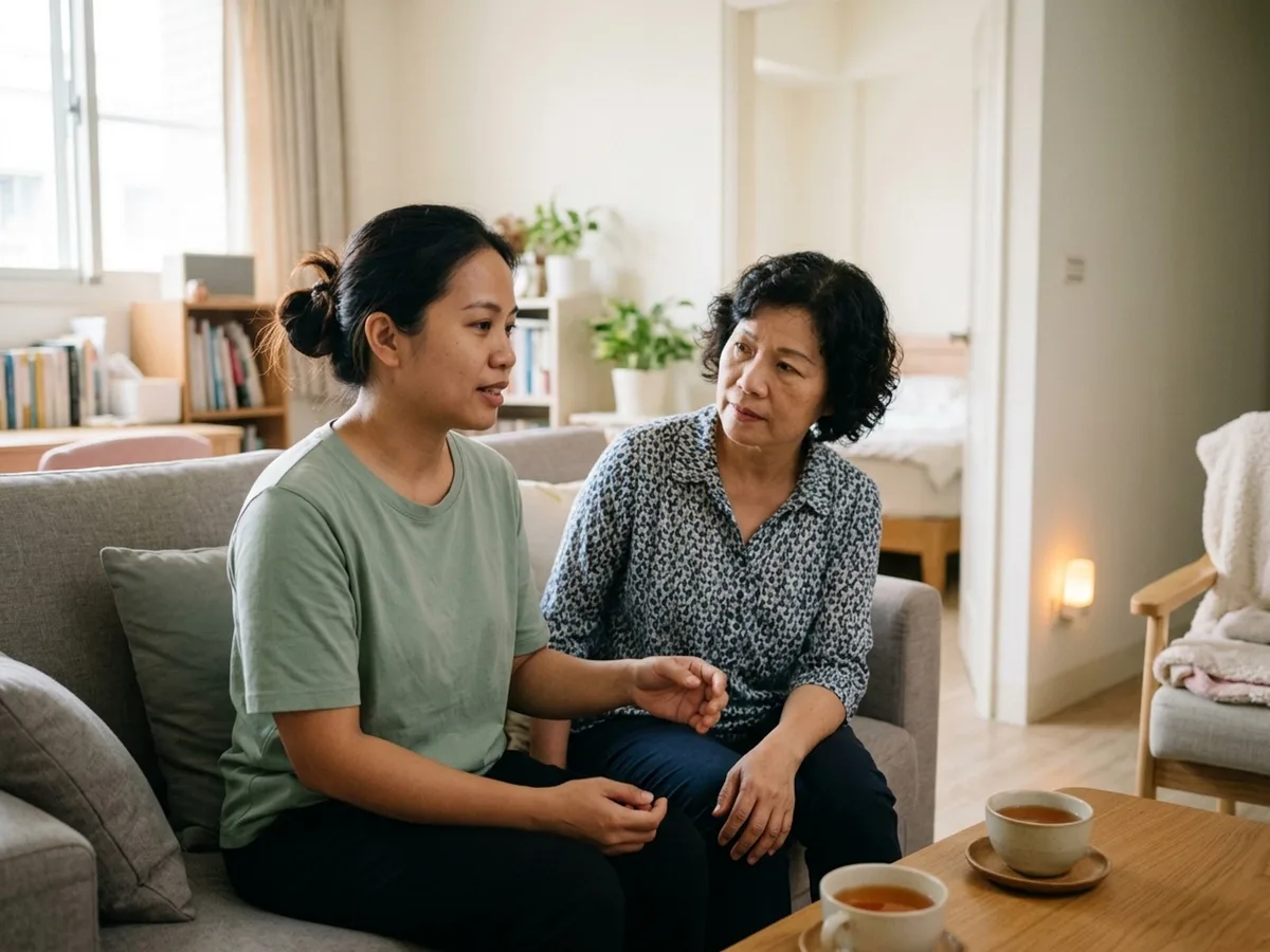 明亮的客廳裡,家屬坐在沙發上專心聽外籍看護說話,兩人面前放著茶杯